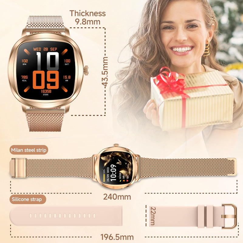 Smart Watch for Women, 1.72" Fitness Tracker with Answer/Make Calls, Sleep/Heart Rate Monitor, Smartwatch for Android iOS Support 100+ Sports Modes, IP68 Waterproof, Fitness Watch with 2 Band (Gold)