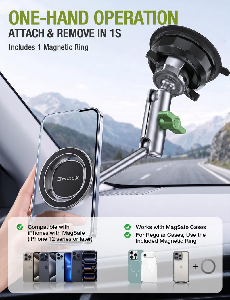 Broodx Magnetic Car Phone Holder, Windshield/Dash Metal Suction Cup Mount | Solid Metal Frame, 360° Rotatable, Strong Suction & Magnetic Force, Easy Installation