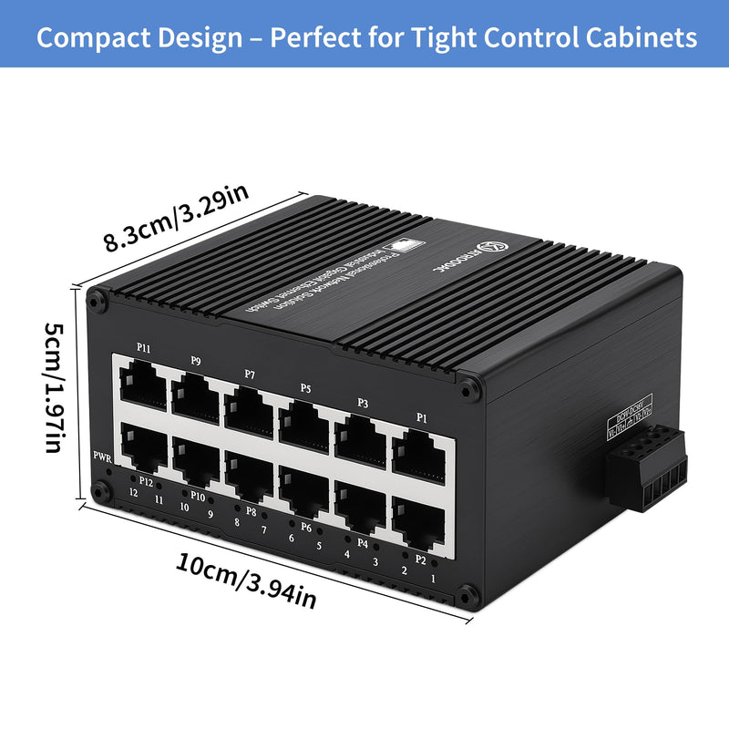 Industrial 12-Port Gigabit Ethernet Switch, 10/100/1000 Mbps | Unmanaged Network Switch, Dual 9-56V DC Power Input, DIN Rail & Wall Mount, Fanless Metal Housing, IP40 for CCTV and Factory 12 Gigabit Ports(NON POE)
