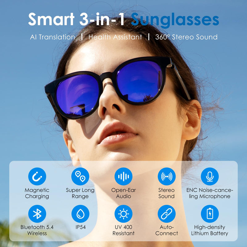GetD AI Smart Glasses, 164 Languages Translation ChatGPT, Bluetooth, Blue | AI Sunglasses for Women Men, Real Time Translation, Bluetooth Open Earbuds, 11H Playtime, UV Protection, IPX4 Waterproof