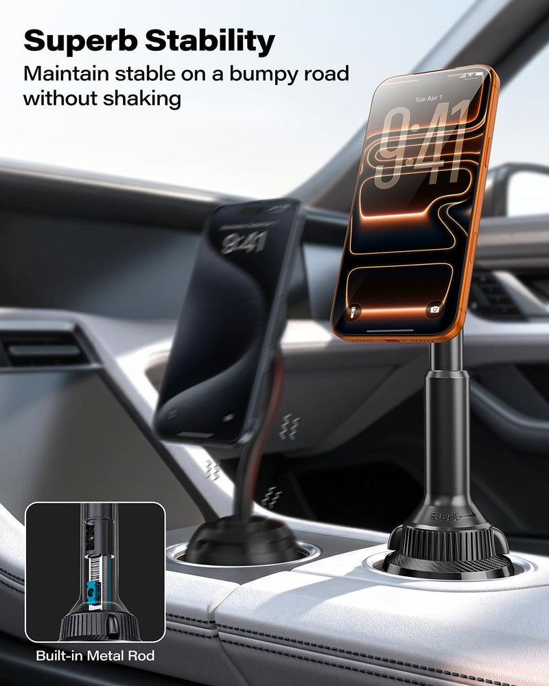 OQTIQ Phone Cup Holder for Car Mount for MagSafe, Quick Extension Long Arm | 360° Rotation, Fits 3"-4" Cup Holders - Stable & Secure for iPhone 12-17 Series, Carbon Fiber Pattern Black