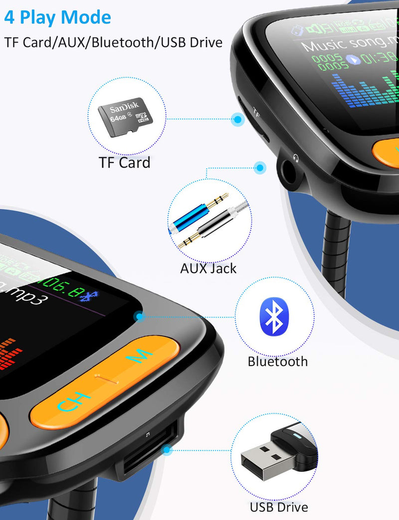 [AUSTRALIA] - TSNAM Bluetooth FM Transmitter Car Adapter,Support Wireless Handsfree Call and MP3 Music/APP Audio Play,1.8" Color Screen,3 USB Charger,3.5mm AUX Port,Compatible with iPhone,iPad,Samsung and More 