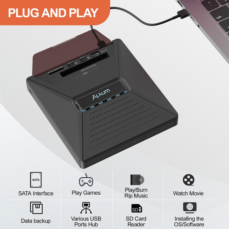 Alxum External CD DVD Drive, Optical Disc Reader Burner with SATA Interface | Portable External CD DVD Drive for Laptop, 7 in 1 Optical Drive CD ROM DVD Player Compatible with Windows/Mac OS/Linux/Vista Black Sata