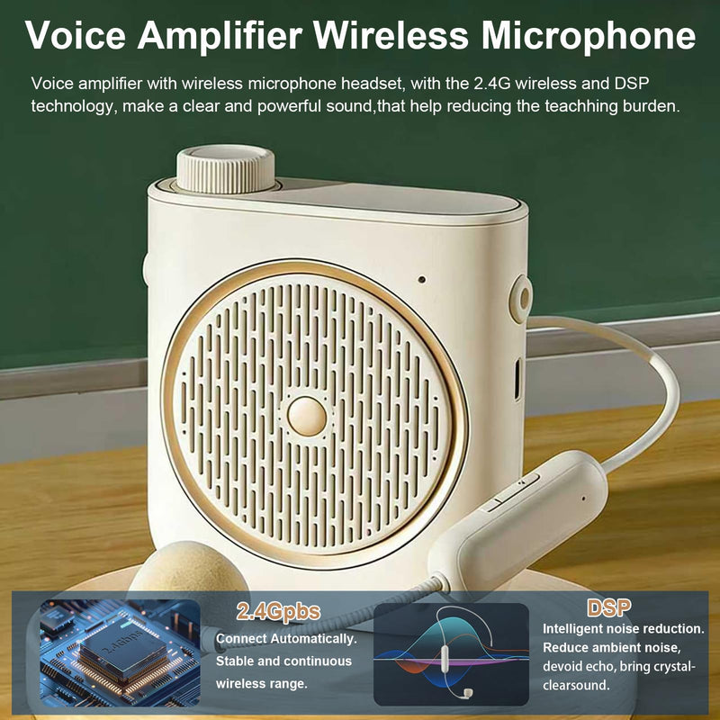 [AUSTRALIA] - Voice Amplifier with Wireless Microphone Headset, Voice Amplifier Wireless Microphone for Teachers, Mini PA System Speaker, Portable Voice Amplifier for Classroom, Speech,Tour Guide (Cream) 
