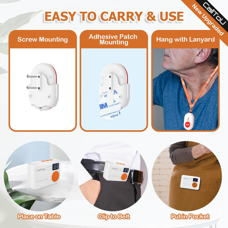 CallToU Caregiver Pager Wireless Call Button 1000FT for Elderly Monitoring Vibration Call Bell Medical Alert System with Digital Display Low Power Reminder 2 Portable Receiver 2 SOS Call Button 2 Call Button + 2 Receiver
