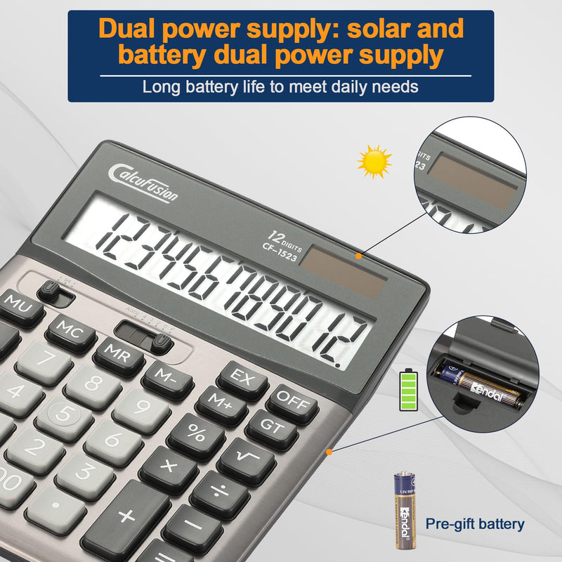 Desktop Calculator 12 Digit with Large LCD Display Big Buttons Basic Calculator Standard Function Solar Calculator with Battery Desk Calculators for Office School Home CF-1523