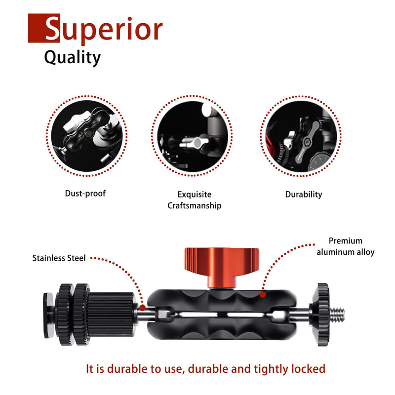 Mini Magic Arm Multi-Function Double Ball Head with Cold Shoe Mount and 1/4’’-20 Screw for Monitor, LED Light, Microphone, Max Load up to 2kg/4.4lb - 2 Pieces
