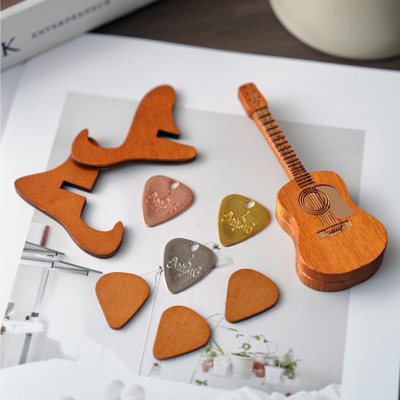 Wooden Guitar Pick Box with Stand,6PCS Unique Guitar Picks Guitar Pick Holder Box,Musician Engraved Wooden Plectrum Case,Acoustic Guitar Box for Electric Bass Guitar Ukulele Lover