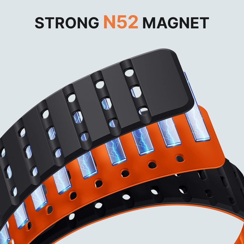Bandletic Magnetic Band Compatible with Garmin Watch Quick Fit 22mm | 17 N52 Magnets + Snap Button, Stays on Arm During Sports, For Instinct E/3 45mm/2/Fenix E/8 47mm/7/6/5/Forerunner 970/965/955 Black/Orange