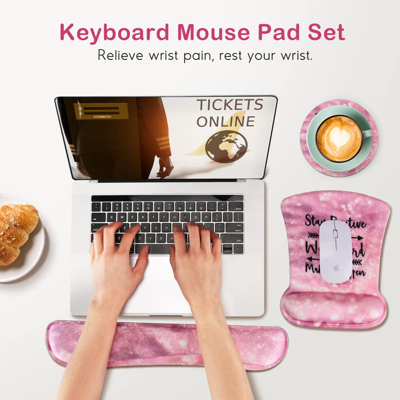 Ergonomic Mouse Pad with Wrist Support Gel, DINKY Upgraded Keyboard Wrist Rest Pad Set, Lovely Coaster with Non-Slip PU Base Mouse Pads for Working, Gaming and Family (Pink Letters) Pink Letters