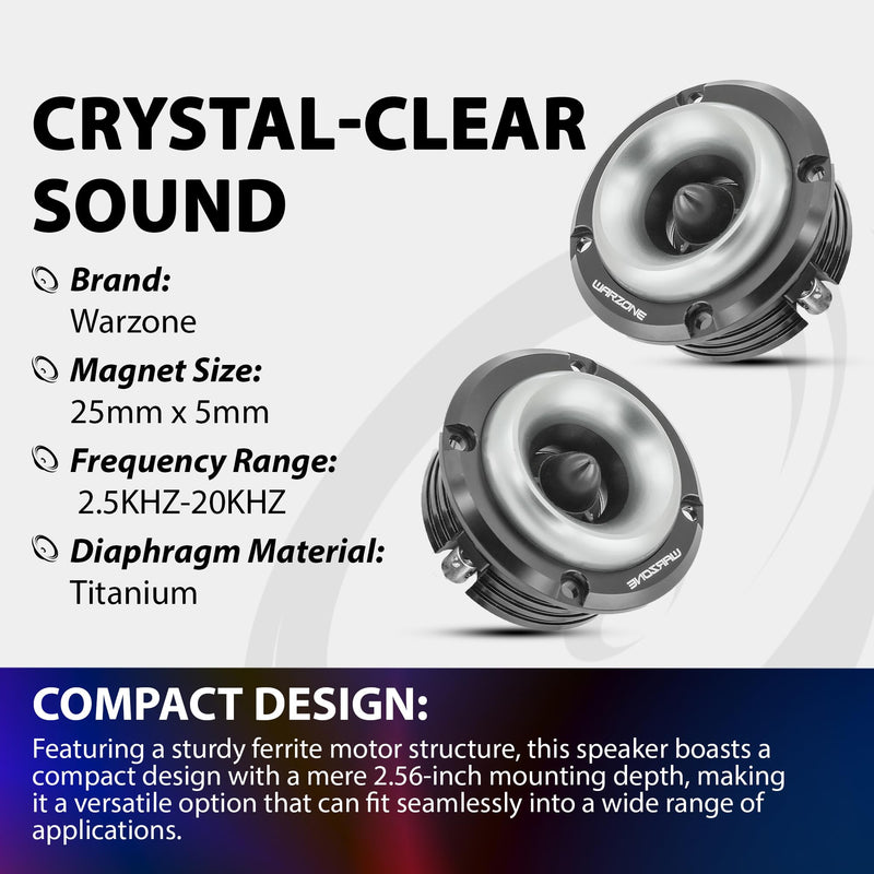 Warzone 2X WZ20TW 2.88-Inch Super Tweeter Speaker, 4 Ohm, 1000W Total Max Power, 105dB Sensitivity, Titanium Diaphragm, CCAW Voice Coil for Pro Car Audio (Pair)