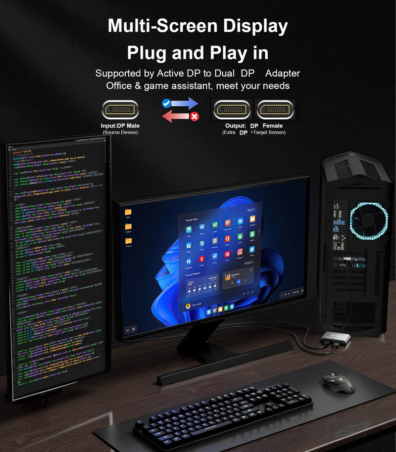 Reborn DisplayPort to Dual DisplayPort Splitter 4K@60Hz Display Port Splitter 1 in 2 Out for Dual Monitor Extended Display DP Source to 2 DP Adapter with PC, Graphics Card, Lenovo, HP and More MST-DP to Dual DP Adapter