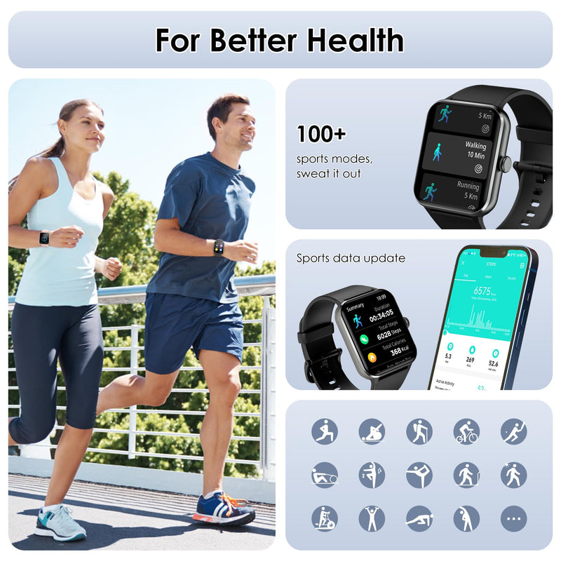 Smart Watch(Answer/Make Call), 1.85" Smartwatch for Men Women, 100+ Sport Modes, Pedometer, IP68 Waterproof Fitness Tracker, Heart Rate/Sleep Monitor, Smart Watches for Android & iOS (2 Straps)