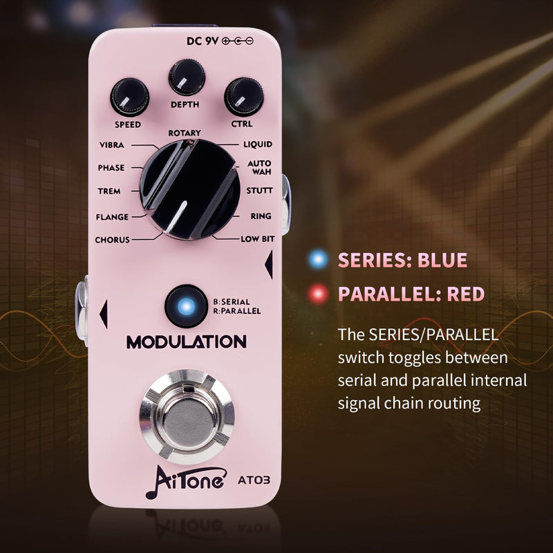 [AUSTRALIA] - AITONE Modulation Pedal for Electric Guitar with Chorus Flanger Tremolo Phaser Vibrato Multi Digital Guitar Pedals 11 Modulation Modes (AT-03) Light pink 