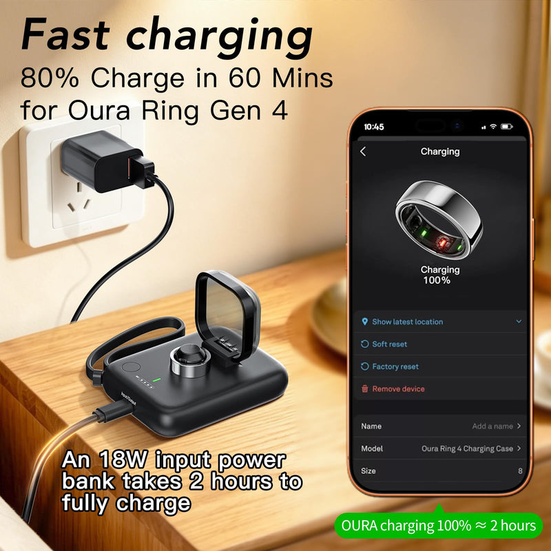 HUOTO Portable Charging Case for Oura Ring Gen 4, Smaller 5000mAh Fast Charging Power Bank with USB-C Cable,Travel Keychain Battery Pack for iPhone Air/17/16/15/ Galaxy Black