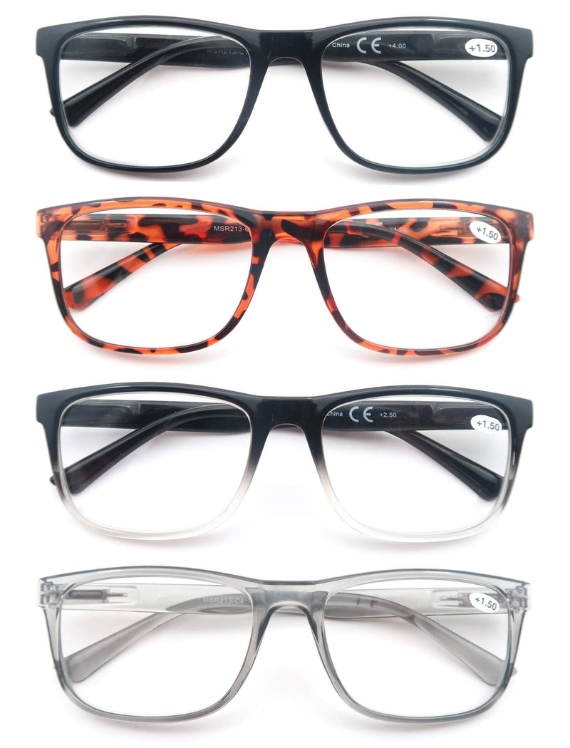 Reading Glasses 1.5 Oversized Large Square Men Readers 4 Pack,Lightweight Cheaters Glasses W/Comfortable Spring Hinges 4 Mix Color 1.5 x