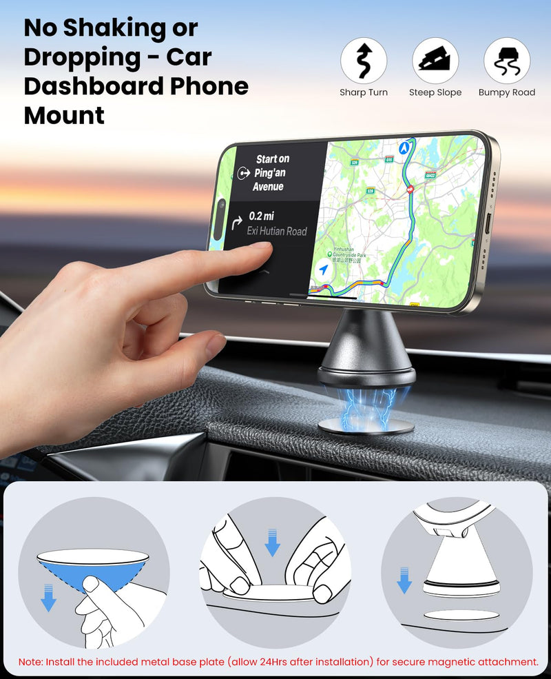 Detachable Magnetic Phone Holder for Car & Gym - All Aluminum Alloy Base Stays on Car Dashboard, Portable Phone Mount for iPhone 12/13/14/15/16/17 Series