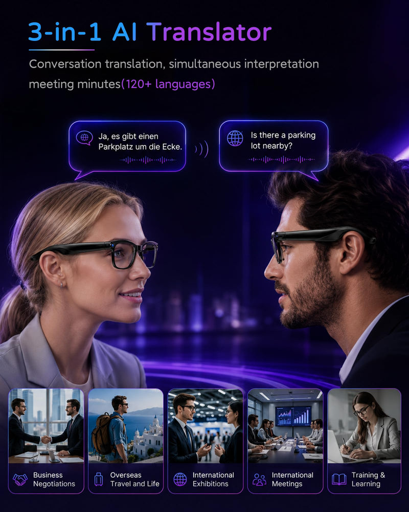 AI Smart Glasses with Camera, 8MP 4K HD Video & Photo Capture, Real-Time Translation, Recording Glasses with AI Assistant, Open-Ear Audio, Object Recognition, for Vlog, Outdoor & Hiking(Clear lens) Clear