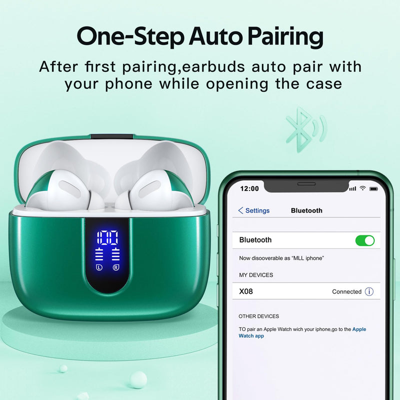 TAGRY 2 Sets X08 Purple and Forest Green Bluetooth Headphones True Wireless Earbuds 60H Playback Ear Buds with Wireless Charging Case in-Ear Earbuds with Mic