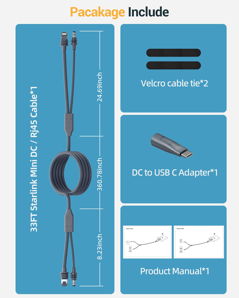 2 in 1 for Starlink Mini Ethernet Cable,33 FT Star Link Mini Power Cord | Waterproof Replacement Mini Cable, Supports Data Transfer, DC to USB C Adapter Power Supply Cord for Starlink Mini Network 33FT 396 Inches