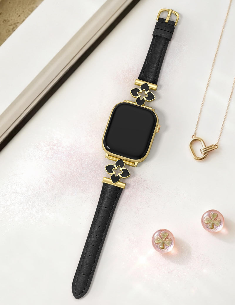 Minyee 2 Packs Band Compatible with Apple Watch Band Women 42/46/38/40/41/44/45/49mm, Premium Soft Leather Strap with Bling Dainty Flower Charm & Boho Western Embossed Sunflower Floral Premium Leather