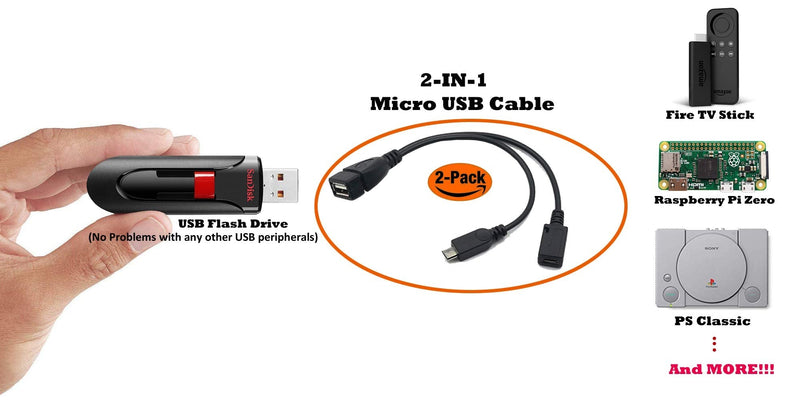 AuviPal 2-in-1 Micro USB to USB Adapter (OTG Cable + Power Cable) for Fire Stick, Playstation Classic and More - 2 Pack 1 USB Port