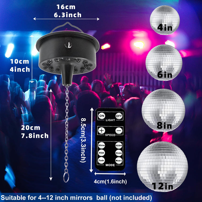 Mirrors Ball Motor with Remote, 5-10 RPM Adjustable Spinner with 23 RGBW LED Rotator with Multi Light Mode and Sound Control for 6 to 12 Inch Mirror Ball(Not Included)