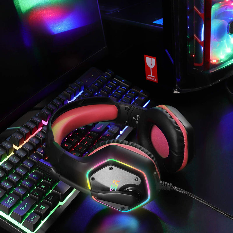 EKSA E1000 Gaming Headset, Computer Headphones with Noise Canceling Mic & RGB Light, 7.1 Surround Sound, Compatible with PC, PS4 PS5 Console, Laptop (Red) Red