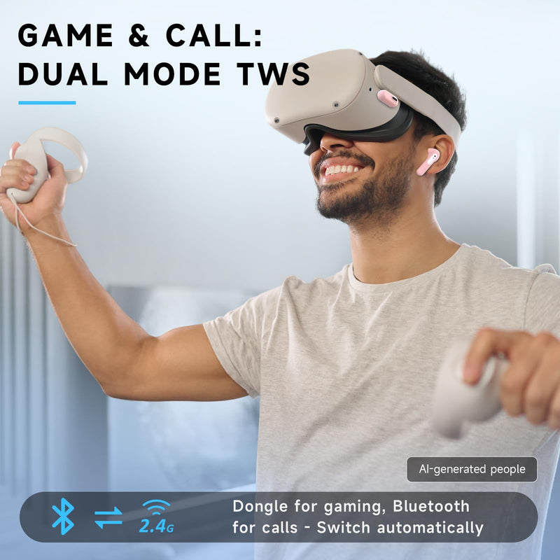 RYR Wireless Gaming Earbuds with Noise Cancelling Mic, 2.4Ghz & Bluetooth | 20ms Low Latency, LED Display, 36H Playtime for Meta Quest 3/2, PS5, PS4, VR, Switch, Steam Deck, PC, Phone Pink
