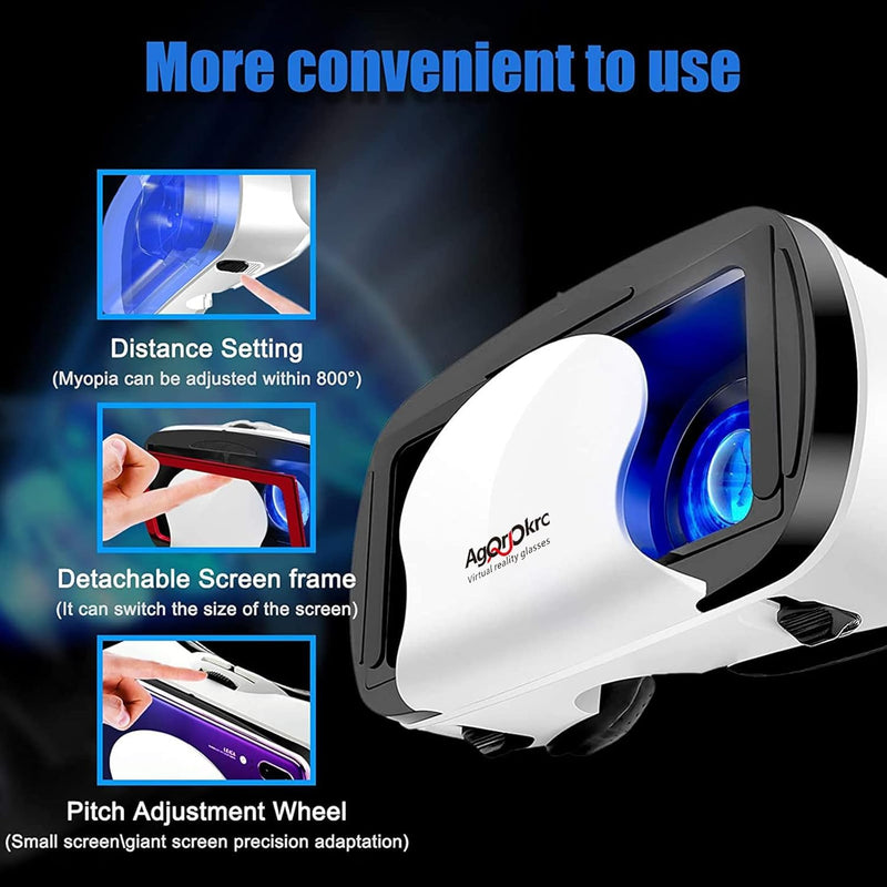 VR Headset with Controller Adjustable 3D VR Glasses Virtual Reality Headset HD Blu-ray Eye Protected Support 5~7 Inch for Phone/Android White