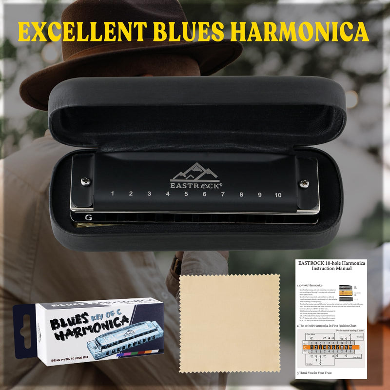 [AUSTRALIA] - EastRock Harmonica, Blues Harmonica Mouth Organ 10 Hole G Key with Case, Diatonic Harmonica for Professional Player, Beginner, Students, Adult, Friends, Gifts（Matte Black Finish） update10hole-G 