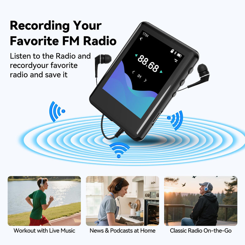 [AUSTRALIA] - MP3 Player with Bluetooth 5.4, Touch Screen Music Player with Speaker, FM Radio, Voice Recording, Supports 512GB SD Card and Includes Earphones for Portable Use During Running and Sports 16GB 