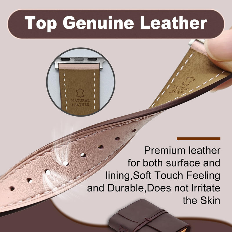 Genuine Leather Band Compatible with Apple Watch for Women Men 49mm 46mm 45mm 44mm 42mm 41mm 40mm 38mm, Soft Leather Replacement Strap for iWatch Ultra SE Series 10 9 8 7 6 5 4 3 2 1（2 pack）