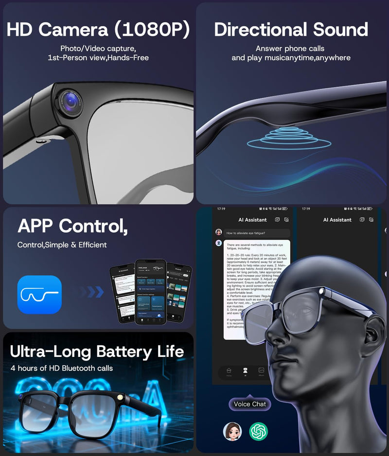AI Smart Glasses, Bluetooth Glasses for Men, Women,8MP Camera, Real-time ChatGPT, AI Photo Recognition and Translation,Photochromic Transition Lenses, WiFi Transfer, for Life, Work and Travel