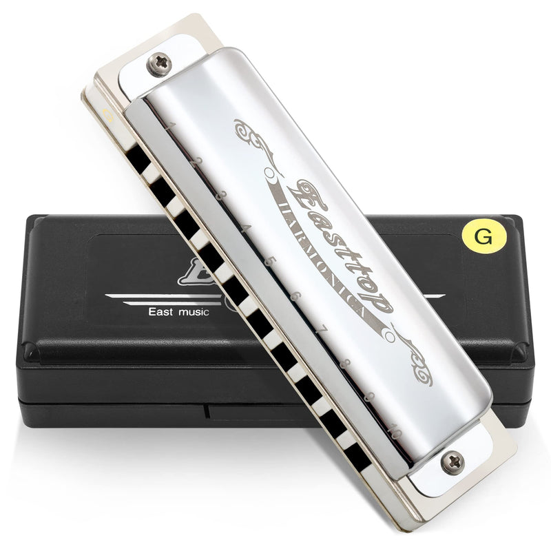 [AUSTRALIA] - East top Diatonic Blues Harmonica 10 Holes Key of G Professional Diatonic Blues Mouth Organ T008, Silver Harmonica For Adults, Professional Player and Students 