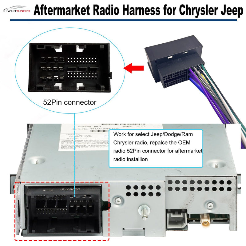Radio Wiring Harness for Chrysler 2015-2020 Dodge 2013-2016 Jeep 2014-2020 Ram 2013-2019, 52Pin Aftermarket Car Stereo Wiring Harness Install Kit with Antenna Adapter for Pacifica Dart Grand Cherokee 52-Pin, with AMP Antenna Adapter