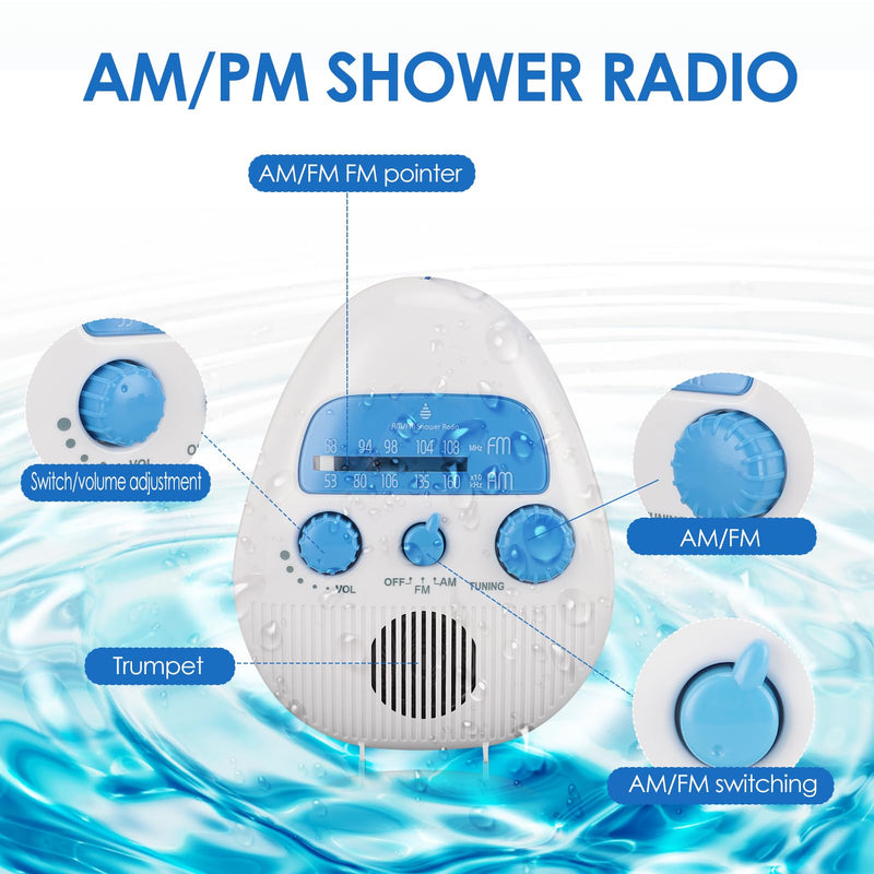 Shower Radio Built in Speaker, Hanging Bathroom Radio with Rotating Knob for Easy Tuning and Volume Control.