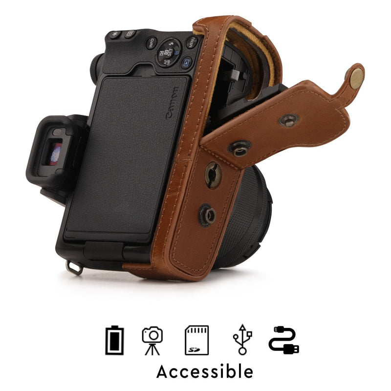 MegaGear Canon EOS M50 Leather Camera Case - Premium PU Leather Protective Cover, Ever Ready Design with Battery Access - 15-45mm Lens - Light Brown