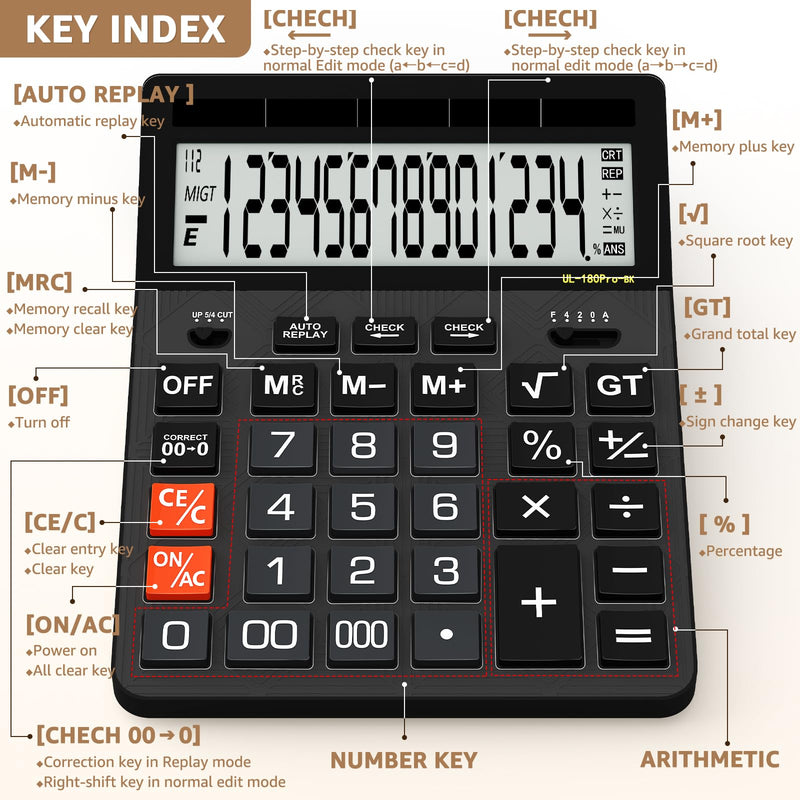Calculators Desktop, 2026 Upgrade 14 Digit Large Size Calculator with 5-Inch LCD Display and Solar Power, Office Calculator for Desk (Black) Midnight Black