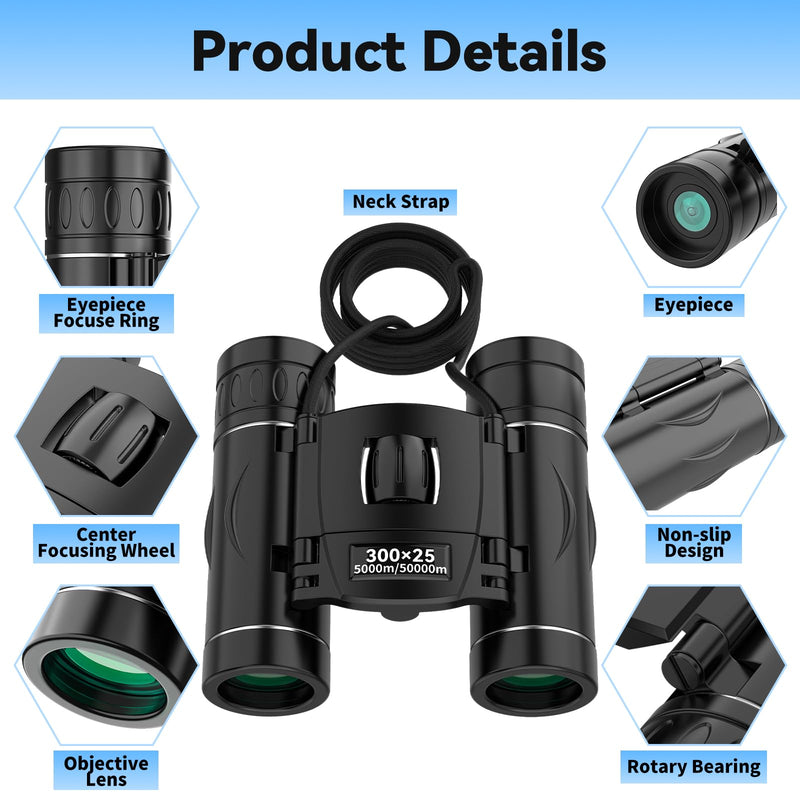 300x25 Binoculars for Adults and Kids, High Powered Mini Pocket Binoculars with Phone Adapter, Waterproof Compact Binoculars for Bird Watching, Hunting, Concert, Theater, Opera, Traveling, Sightseeing Black