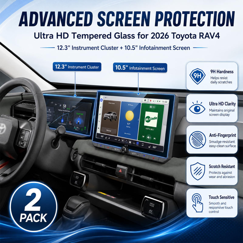 2PCS Screen Protector for 2026 Toyota RAV4 10.5/12.3-Inch | Fit for LE/SE/XLE Premium/Woodland, HD Tempered Glass, Smooth Touch Response, Interior Accessories 10.5'' navigation+12.3'' dashboard
