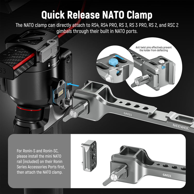 NEEWER NATO Monitor Mount for RS Gimbal, 360° Rotatable Field Monitor Holder with NATO Clamp, Cold Shoe, 1/4" Threads, Compatible with DJI RS4 RS4 PRO RS 3 RS 3 PRO RS 2 RSC 2 Ronin-S Ronin-SC, GA021