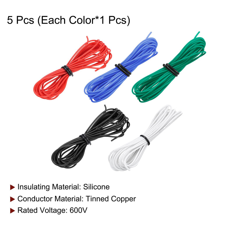 sourcing map 28AWG Electrical Wire Cable 1.5 Metre Stranded Wire Silicone Tinned Copper Wire Coil 0.08 mm² Solid Electronic Wire for DIY RC Model Lamps Household Appliances, 5 Colours 28AWG, 1.5m