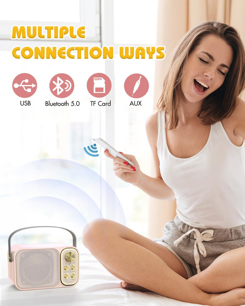 Mini Karaoke Machine for Kids with 2 Wireless Microphone, Portable Bluetooth Speaker, Kids Karaoke Machine to Sing Anywhere, for Girls, Ideal for Party, Birthday, Family Meeting Pink