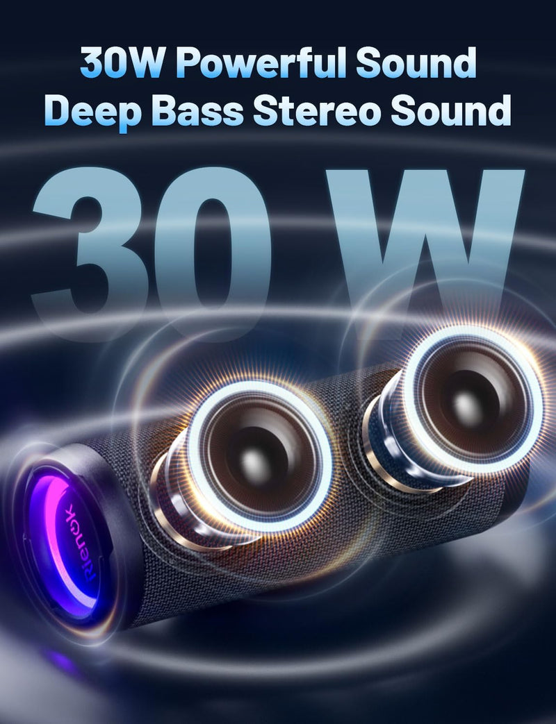 [AUSTRALIA] - RIENOK Portable Bluetooth Speaker 30W Dual Pairing True Wireless Stereo HD Sound IPX7 Waterproof Outdoor Sport Shower Wireless Speaker Bluetooth 5.3 for Home Party Black 3600mAh 