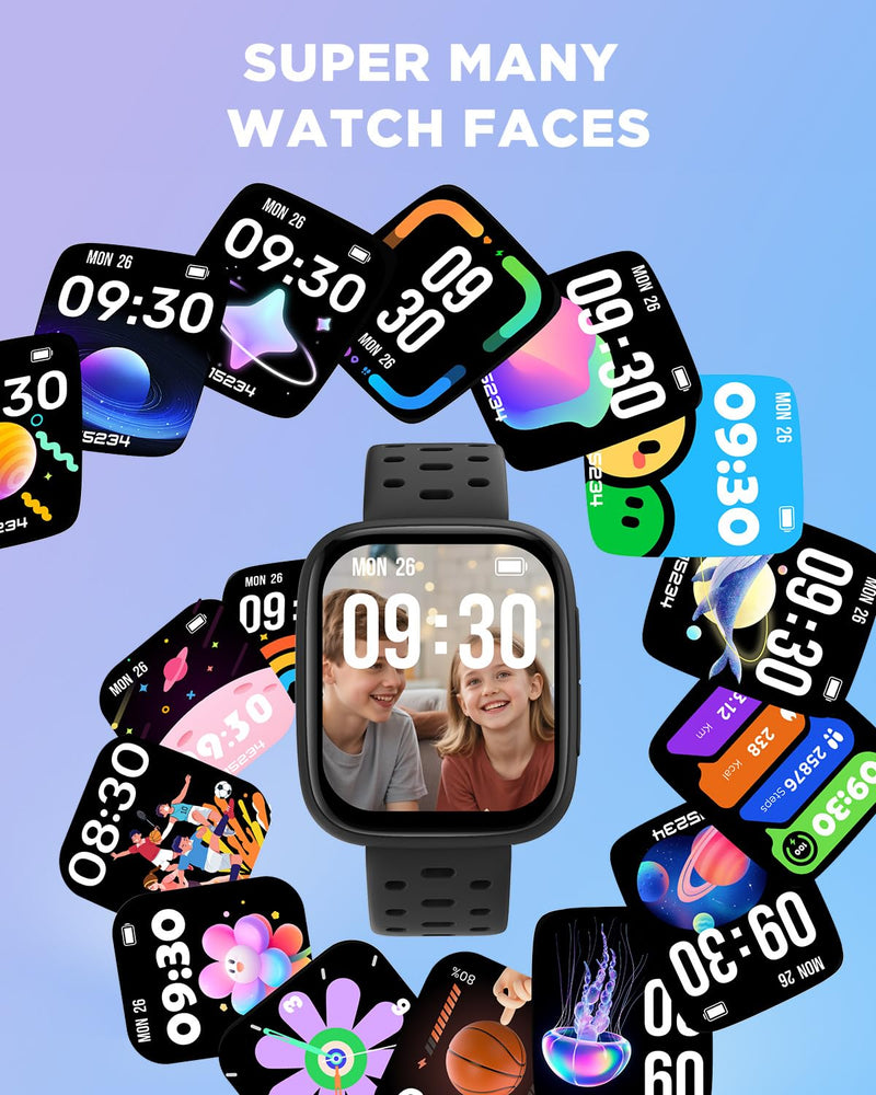 BIGGERFIVE Kids Watch No Phone Needed, 1.8" Amoled Smart Fitness Watch | Pedometer, Heart Rate, Sleep Tracker, 30m Waterproof, Step Counter, Games, 100+ Dials, Gifts for Boys Girls 5-16, Black