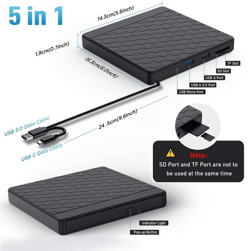 External CD/DVD Drive for Laptop, CD Burner with 2 USB Ports &TF/SD Card Slots, DVD Player for Laptop, USB 3.0 DVD Drive External CD Reader Compatible with Laptop Desktop PC Windows 11/10/8.1/7 Mac black