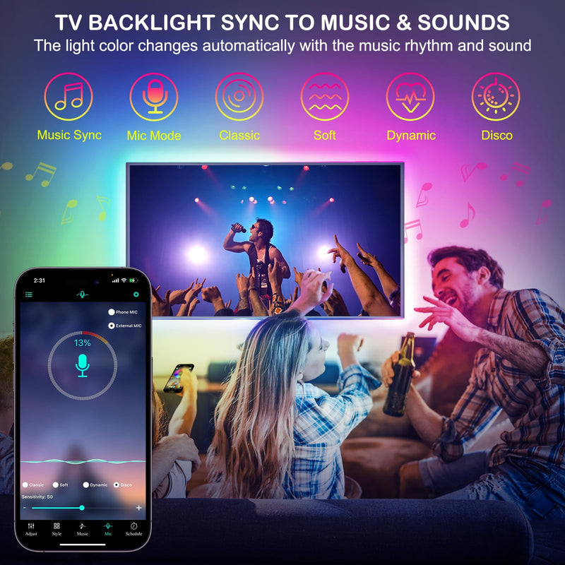 HOUHUI LED Strip Lights, 13.12Ft RGB LED Lights for 32-65 Inch TV Behind, Music Sync App Control LED Strip for TV Backlight, USB Plug-in Bias LED Lights for Bedroom Monitor PC Game Cabinet Desk Shelf
