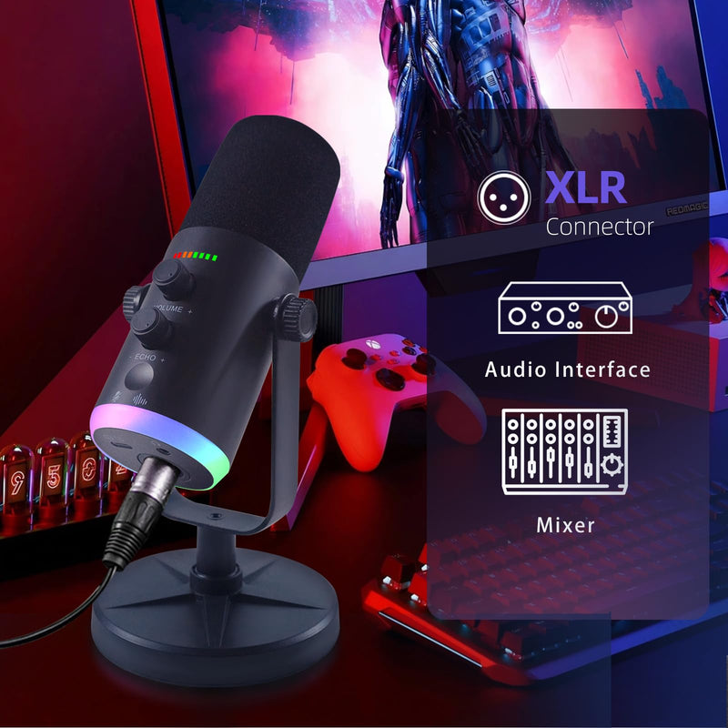 YU7 USB/XLR Dual-Mode Dynamic Gaming Microphone for PS5/PC/Mac/mobile Phones, 48kHz HiFi, Noise Reduction, RGB Gaming Light YouTube/TikTok Streaming Live mic, Can be Used for Microphone Stand