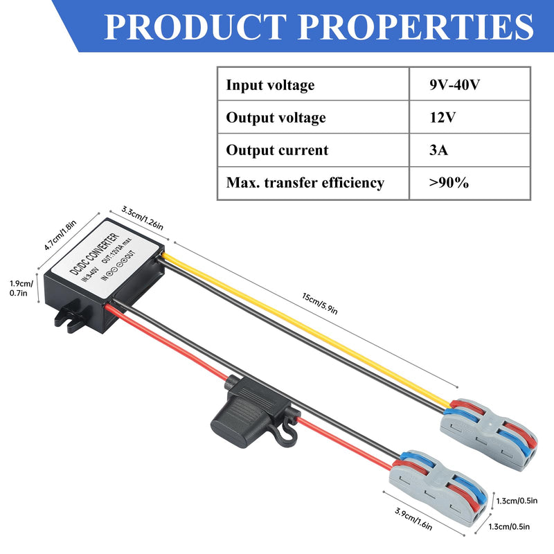 9-40V to 12V 3A Power Converter - Waterproof 36W Voltage Transformer for Truck/RV, CCTV Systems (CE Certified) Black DC/DC 9-40V to 12V3A